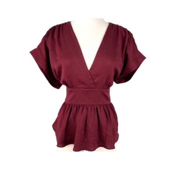 Express Burgundy Blouse V-Neck Kimono Sleeve Peplum Top Small - Picture 1 of 8